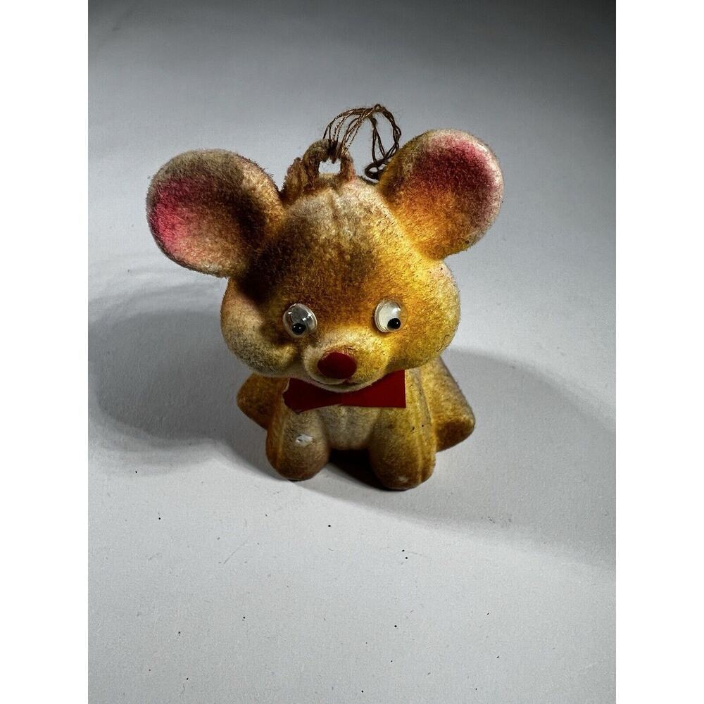 Blow Mold Christmas Ornament Bear Mouse Big Ear Googly Eye Flocked VTG RARE